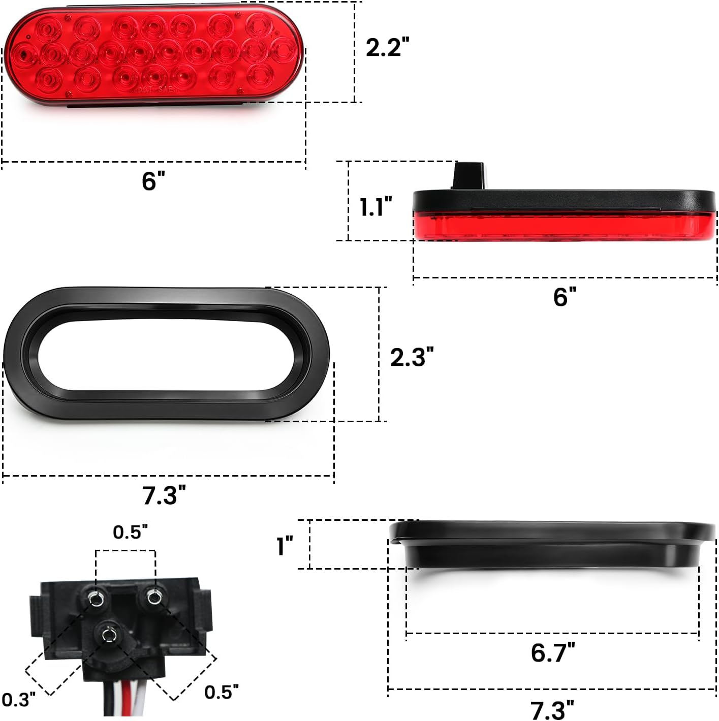 6Inch Oval Trailer Tail Lights 4Pcs 24 Led Stop/Turn/Brake Trailer Lights for RV Truck Boat, IP67 Waterproof, Flush Mount with Grommets & 3-Prong Pigtails, DOT Approved,12V
