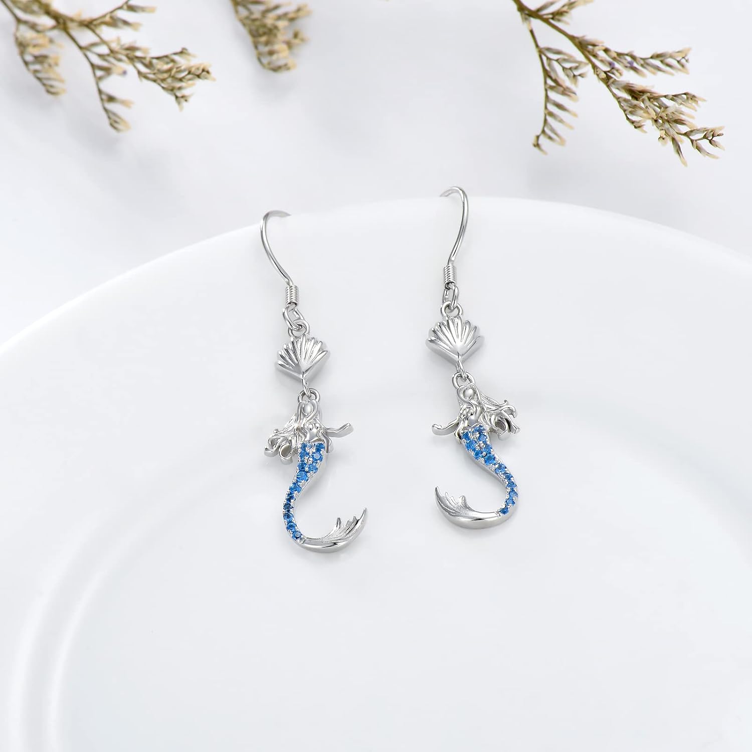 Seiyang Mermaid Earring, 925 Sterling Silver Hypoallergenic Mermaid and Shell Dangle Drop Earrings for Sensitive Ears, Birthday Jewelry Gift for Women Zircon Drop Earrings for Women