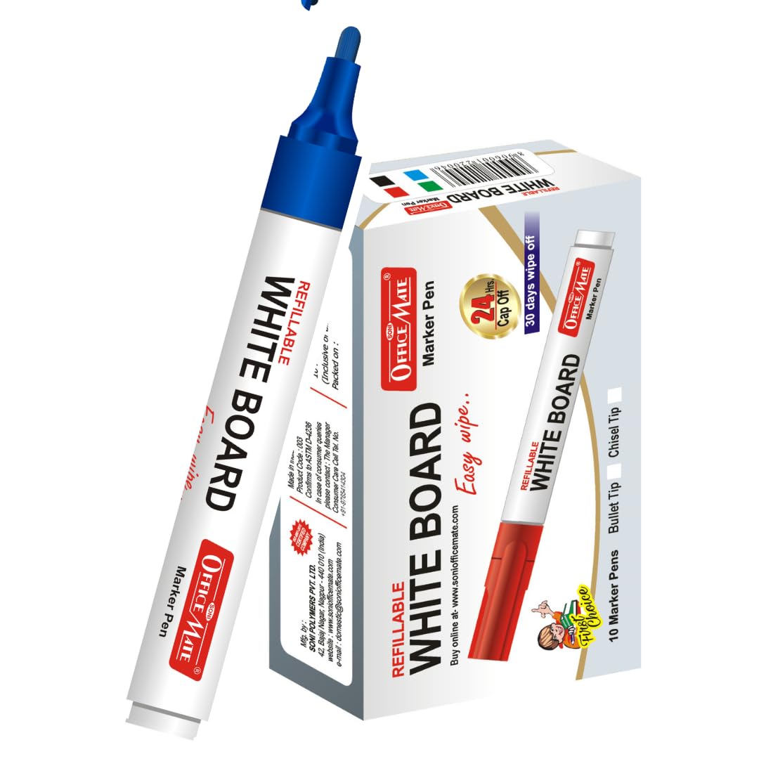 Soni Officemate Whiteboard Markers | Pack of 10 (Mix)| Black, Blue, Red & Green | 4.43 mm Bullet Tip | Non-Toxic | Smooth Writing | Easy Wipe — Amazon image 11