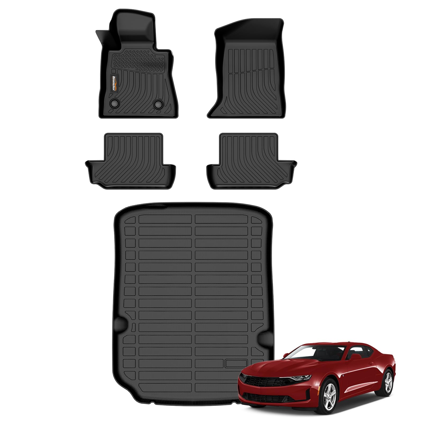 Binmotor-Floor Mats Cargo Liner Set for 2016-2024 Chevy Chevrolet Camaro, Heavy Duty TPE All Weather Car Waterproof Liners Trunk Liner for Chevrolet Camaro Accessories- Black