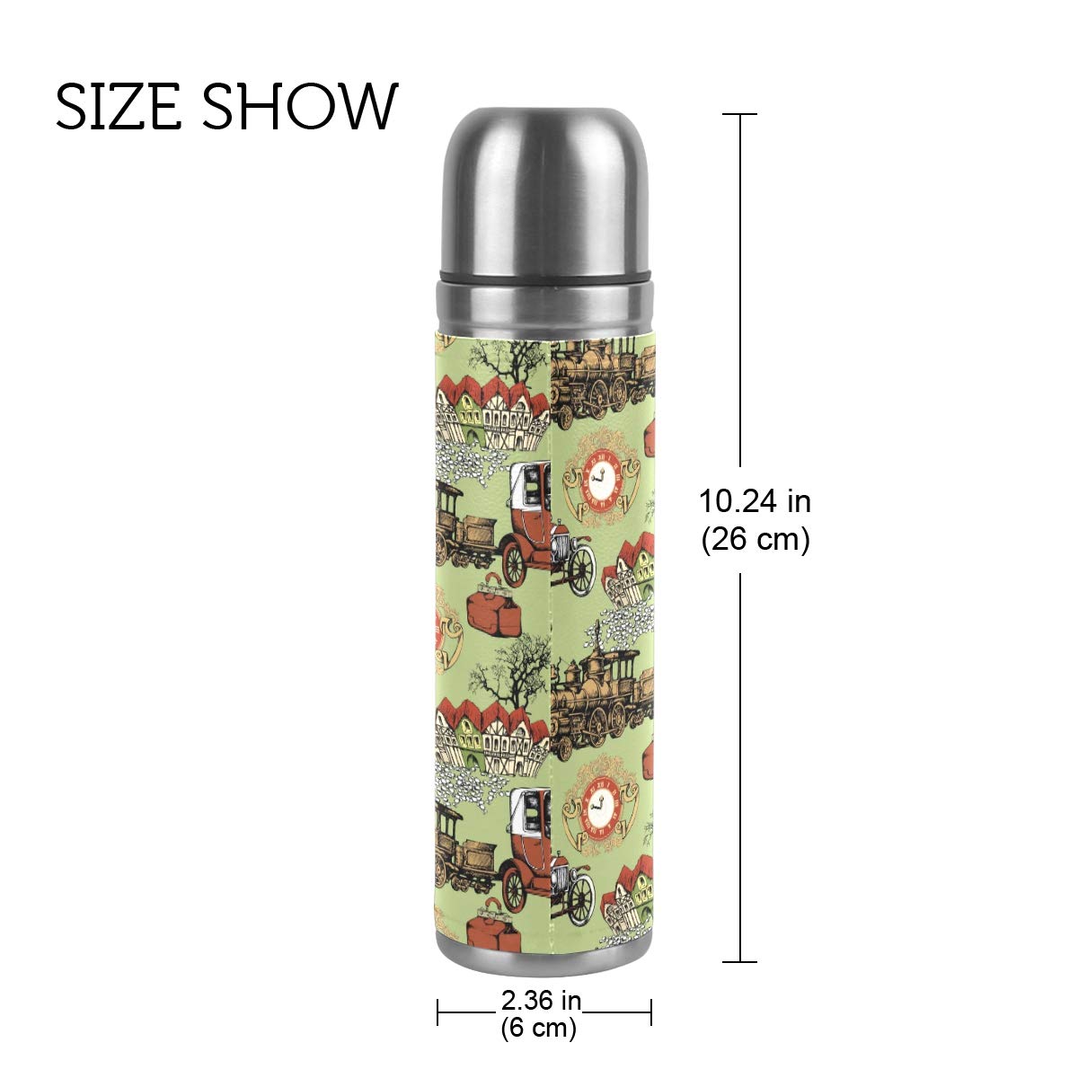 Taza de viaje aislada al vacío de acero inoxidable con doble pared a prueba de fugas, botella de taza con diseño de temática vintage, personalizable con estampado de piel auténtica, 500 ml
