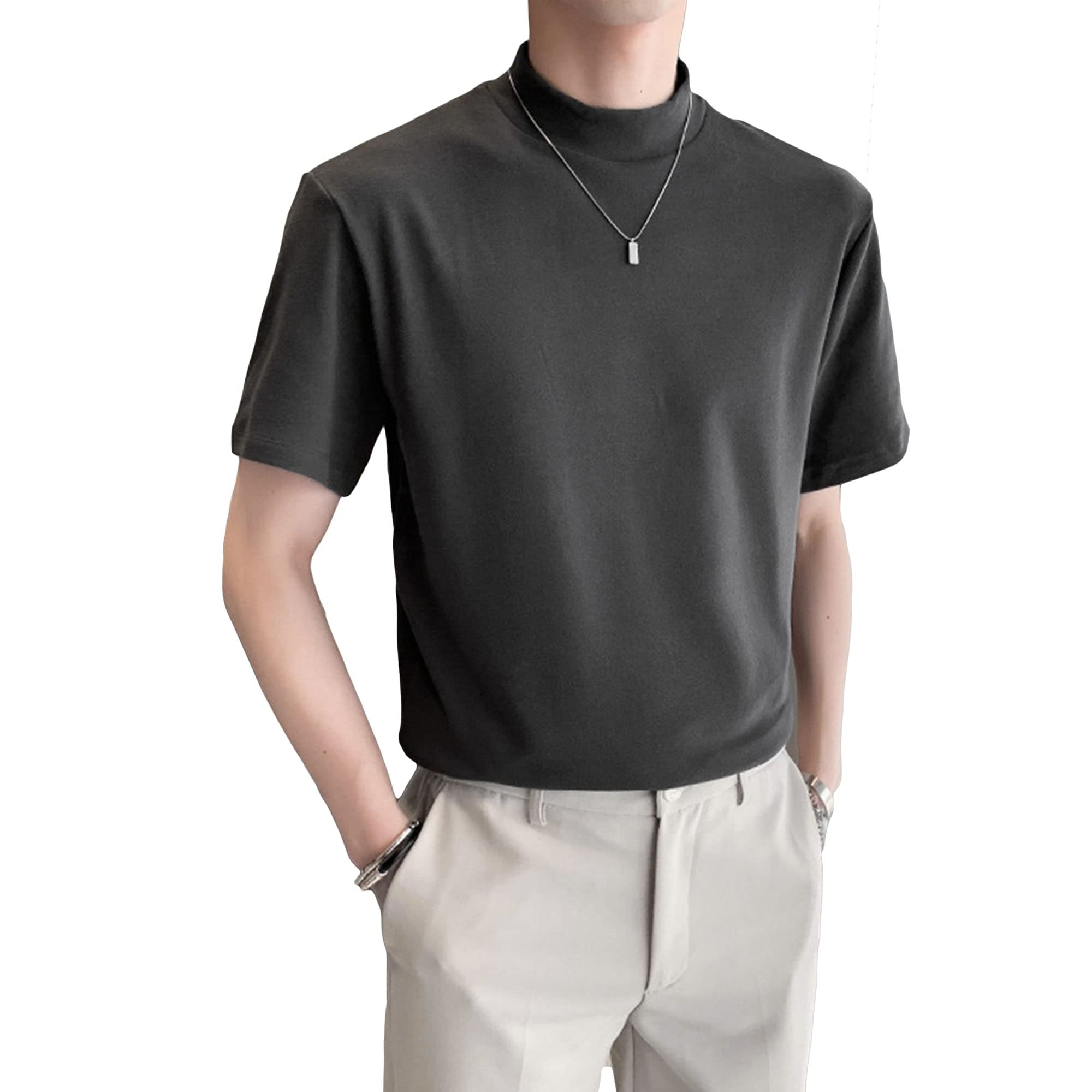 Men's Turtleneck Mock Neck T Shirts Slim Undershirt Basic Tops Short Sleeve High Neck T-Shirt for Men (Dark Grey,Large)