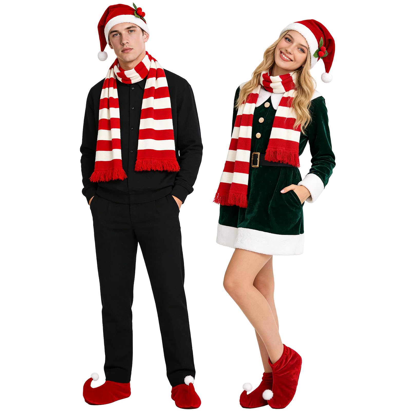 Lyxaof Adults Santa Costume Props Fancy Xmas Accessories with Striped Scarf Shoe Covers Hat Christmas Dress Up Outift for Men Women (Red, One Size)