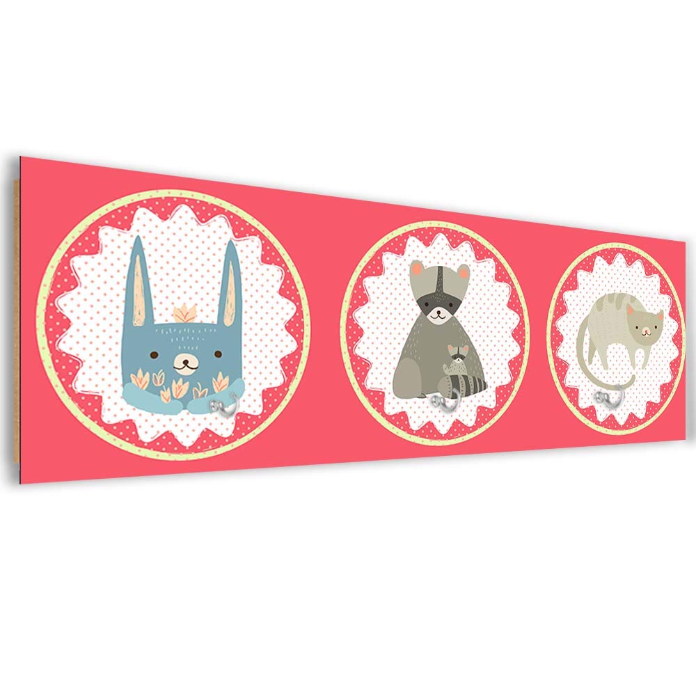 Feeby Tableau Patère murale animaux avec crochets pour chambre de bébé rouge 70x25 cm