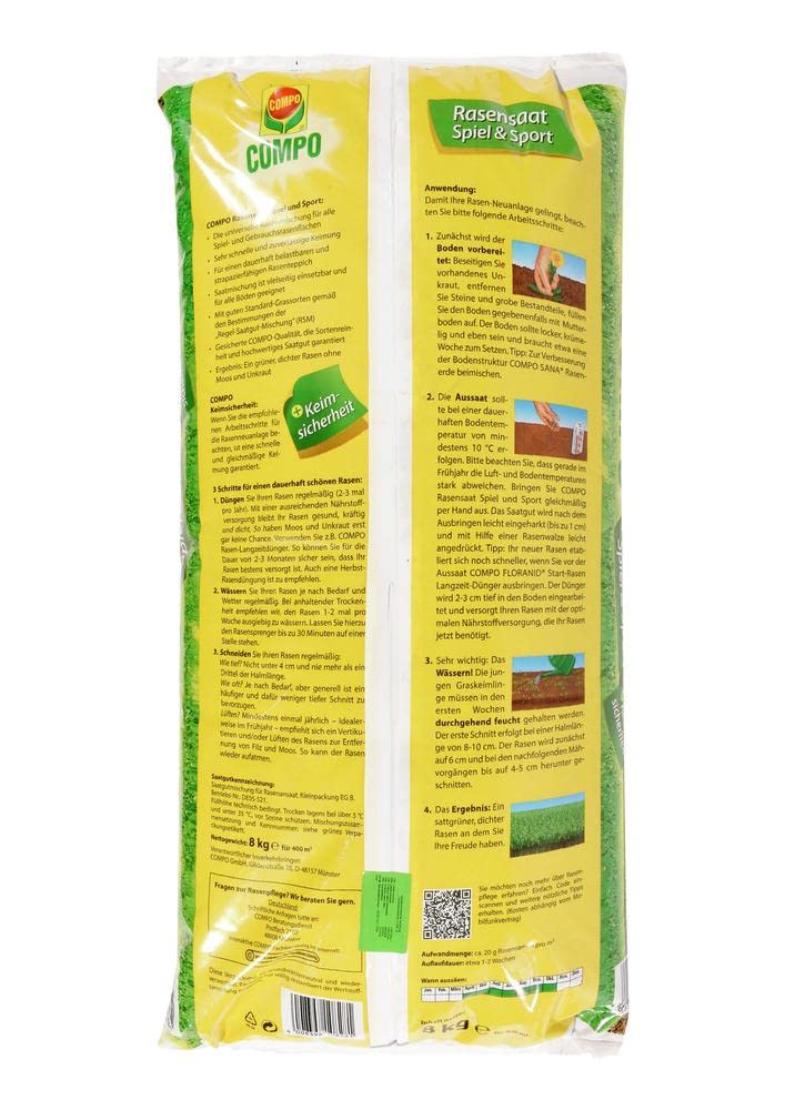 Compo Rasensaat Spiel und Sport, Universelle Rasenmischung, 8 kg, 400 m²