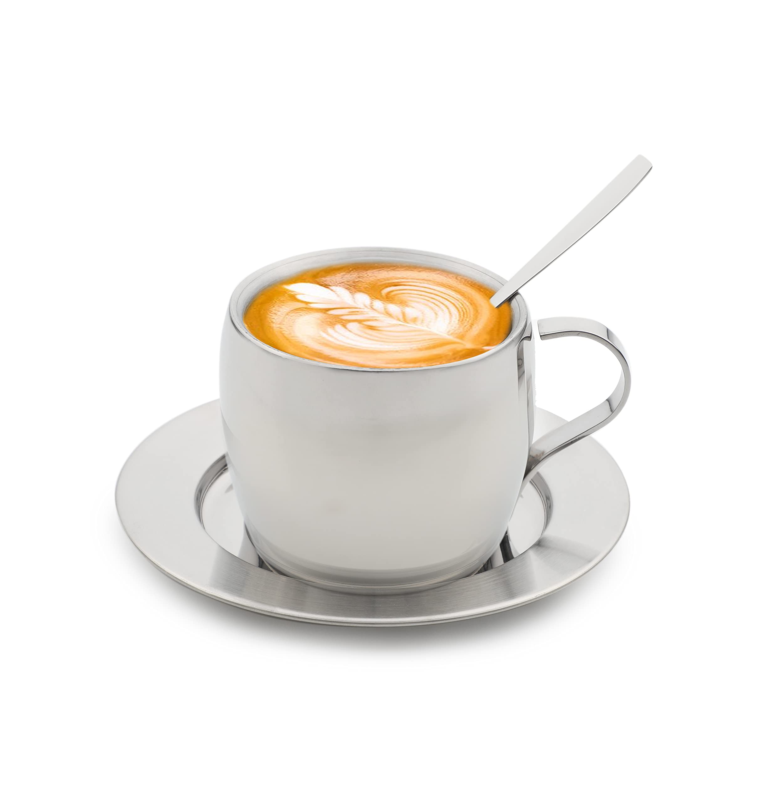 LIFE SMILE Coffee Cup with Saucer and Spoon - 18/10 Pure Stainless Steel - Double Wall Tea Cups Vacuum Insulated - Heat Resistant Handle - Dishwasher Safe - 200 ML