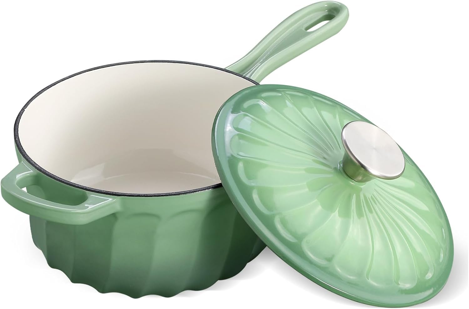 NSIRONS 1 Quart Enameled Cast Iron Saucepan with Lid, Fig Green