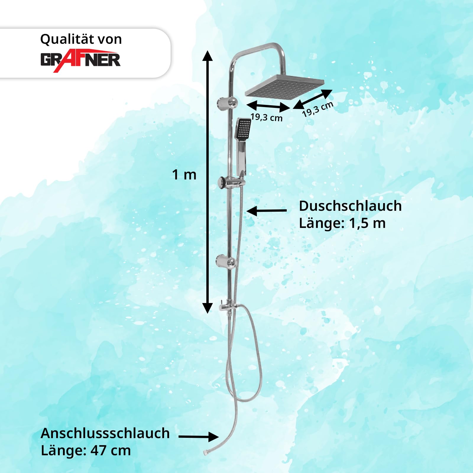 Grafner Regendusche im Set incl. Kopfbrause, Handbrause, Schlauch, Stange und Anschluss-Set Duschset Duschsystem Duschgarnitur eckig