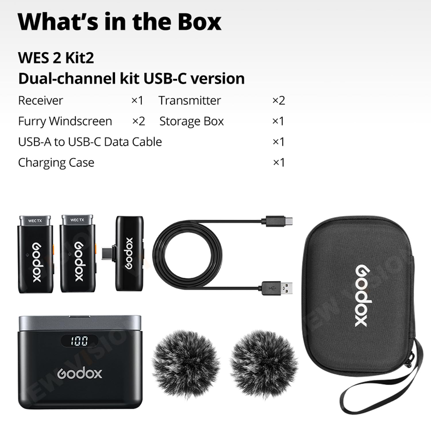 Godox WES2 KIT2 Microphone cravate sans fil, certifié MFi, réduction du bruit ENC, enregistrement professionnel 48 kHz/16 bits, portée de 200 m, émetteur 2 en 1, compatible avec type C (WES2 KIT2)