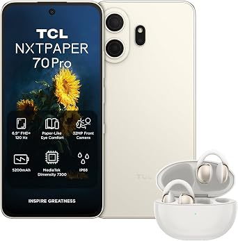 Bundle of TCL NXTPAPER 70 Pro 5G Android Smartphone,NXTPAPER 4.0,Natural Light Display,512GB+8GB,AI-boosted Productivity,Nebula Gold + TCL CrystalClip Clip Up to 36 Hours Playback Moon White