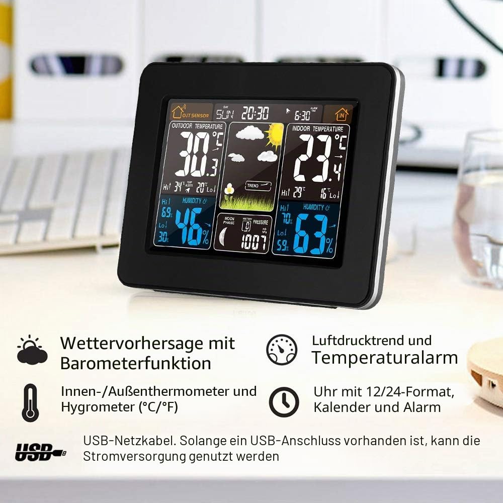 Kabellose Wetterstation, digital, bunt, Wettervorhersage, Uhr mit Außensensor, Innen-Außen-Thermometer mit Uhrzeit, Datum, Temperatur, Luftfeuchtigkeit, Barometer, Alarm, Mondphasenanzeige, Wetteruhr