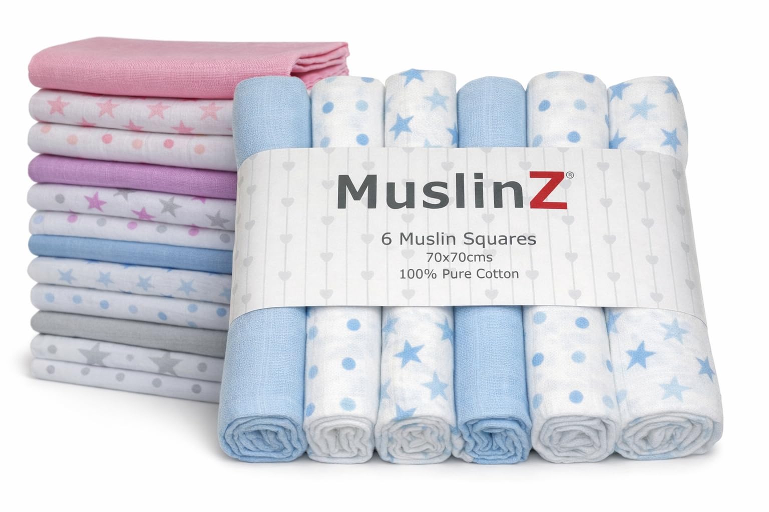 MuslinZ Muslin Cloths for Baby - Baby Burp Cloths - 6 Pack Muslin Squares - Large 70x70cm - Pure Cotton - Soft, Absorbent & Breathable - Multi Use Newborn Cloths - UK Brand (Blue Star)