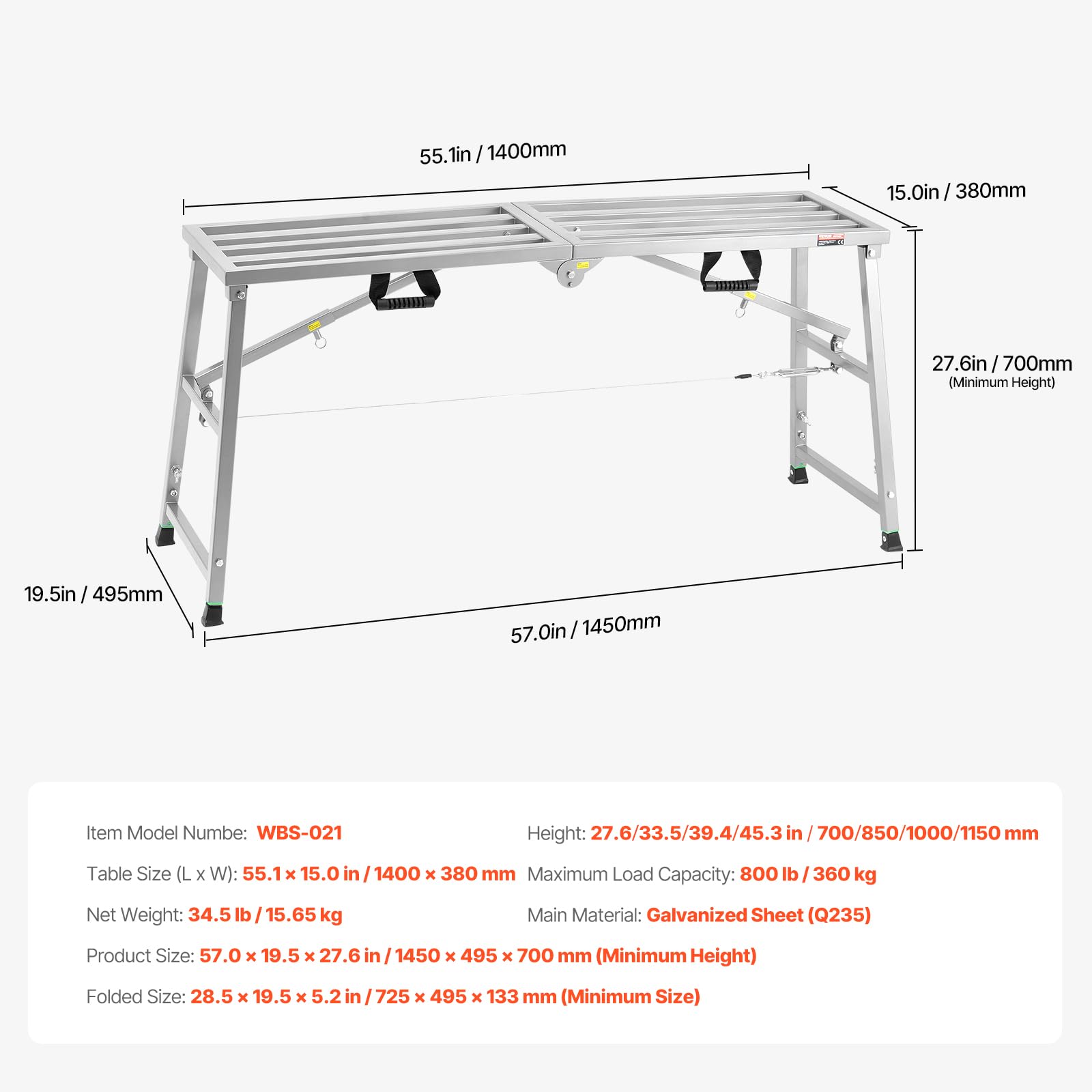 VEVOR Piattaforma di Lavoro, Altezza Regolabile a 4 Marce 1150 mm, Scala Pieghevole in Lega di Acciaio, Piattaforma per Ponteggi Capacità 360 kg, Piedini in Gomma Antiscivolo, per Pulizia Lavaggio