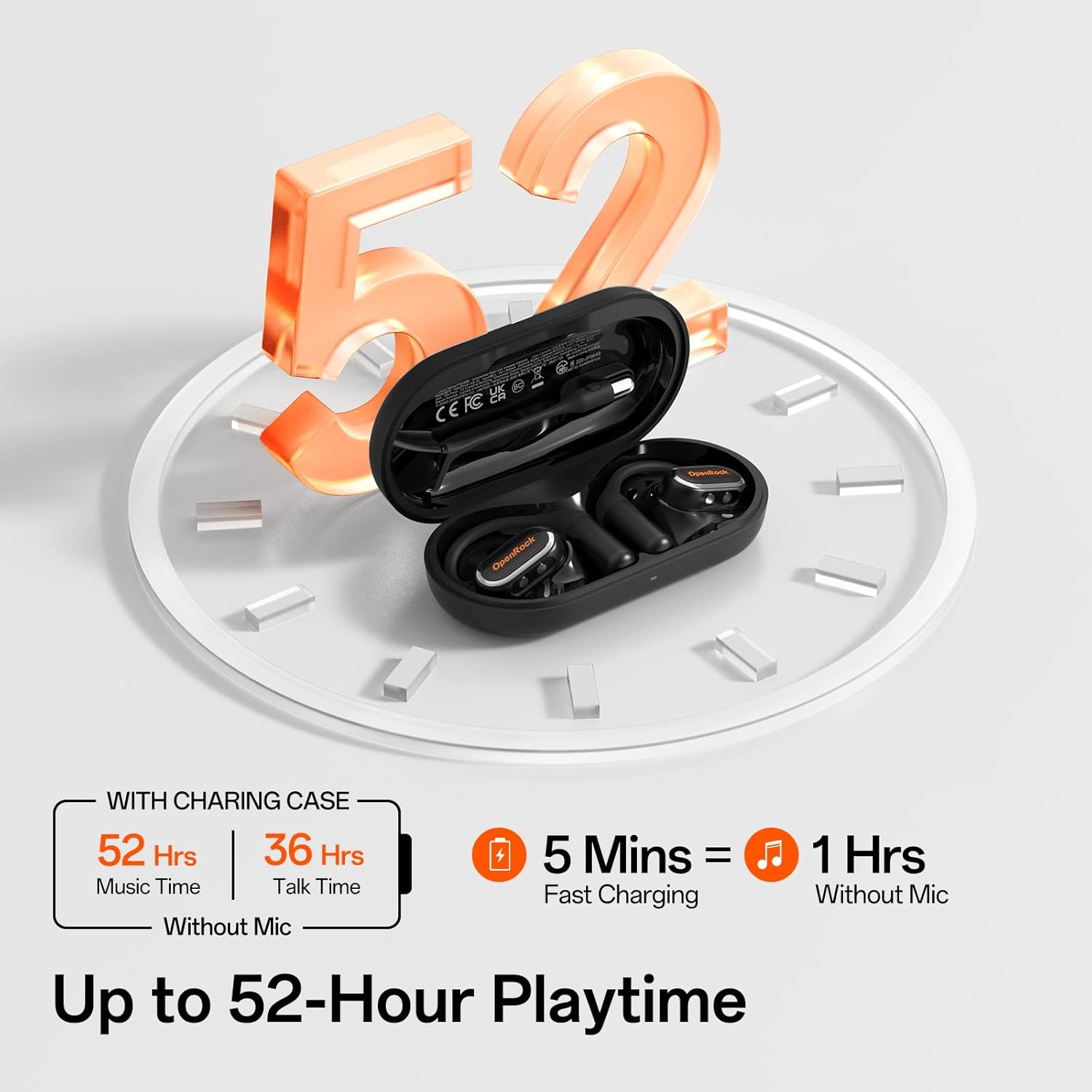 OpenRock Link 20 charging case showing battery life and fast charging capabilities.