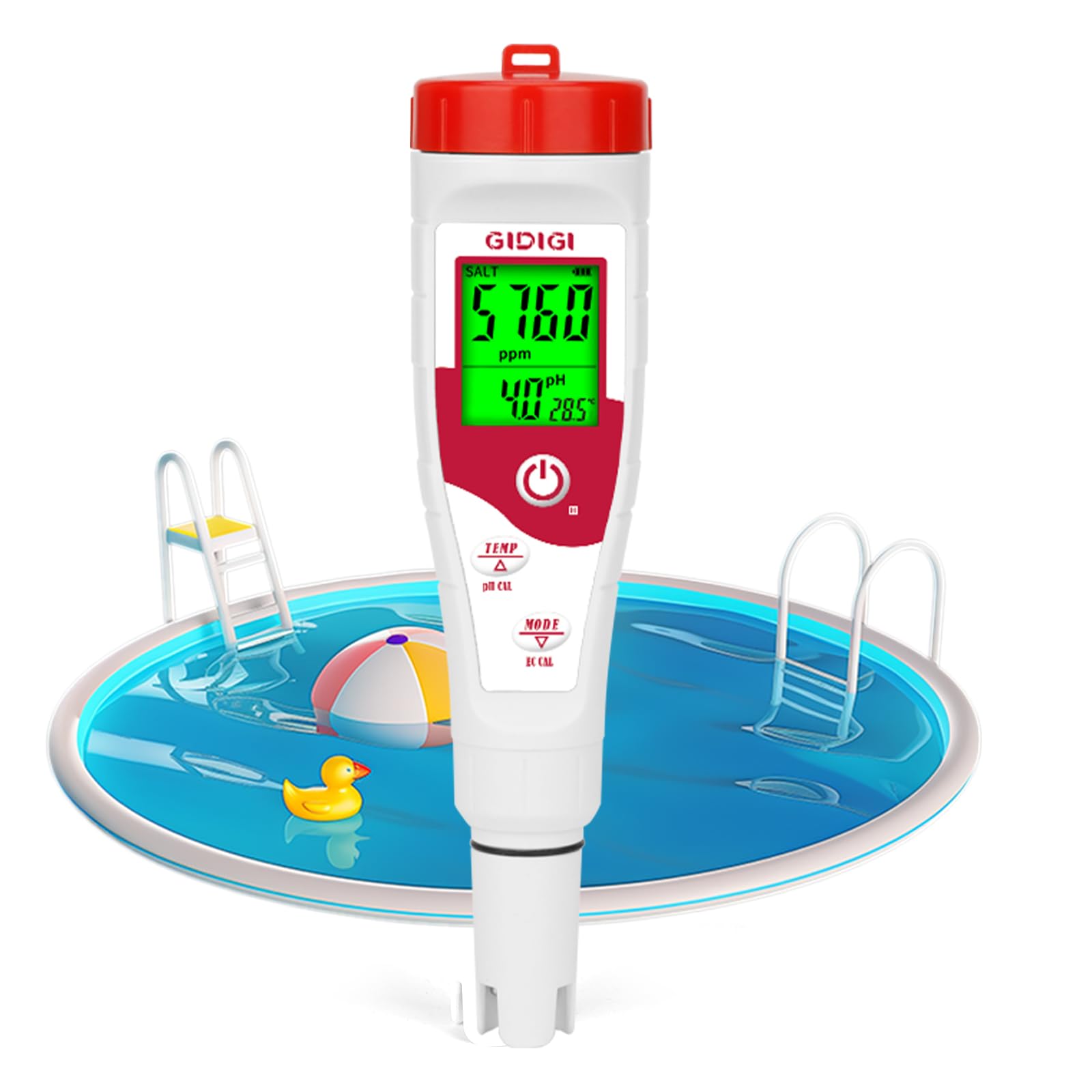 Miernik pH do basenu, tester soli, miernik zasolenia 5 w 1 | Wyświetla pH, TDS, EC, temp, sól, nadaje się do słonej wody, wanny z hydromasażem, spa, basenu, akwarium
