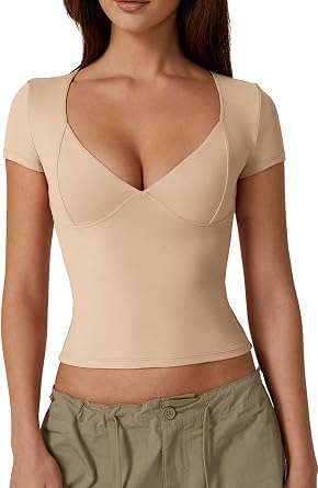 QINSEN Womens V Neck Short Sleeve T Shirts Double Lined Tee Seamed Cup Going Out Tops