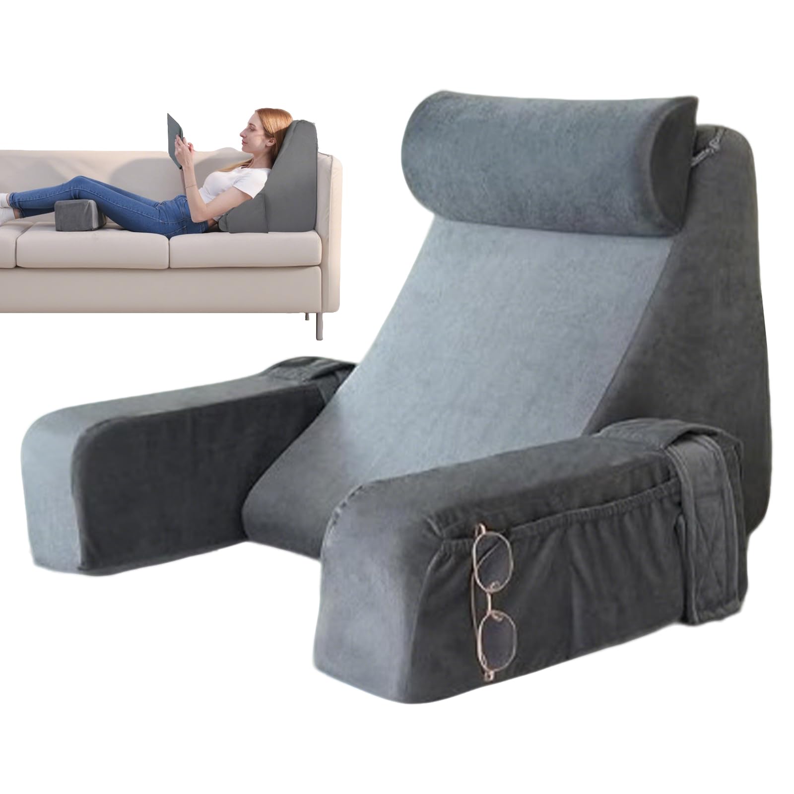 Rückenkissen, Lesekissen für Bett und Sofa mit abnehmbaren Armlehnen und Kopfkiseen, Rückenlehne für Erwachsene, Keilkissen mit Waschbarem Bezug, Rückenstützkissen zum Lesen/Spielen/Fernsehen