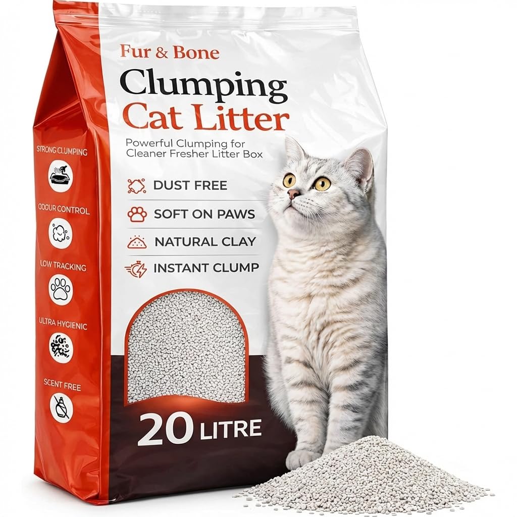 Fur & Bone 20L Clumping Cat Litter – Natural Bentonite Clay – Fast Clumping, Ultra Absorbent, Low Dust, Unscented – Easy Scoop Formula for Odour Control, Indoor Cats & Litter Tray Use