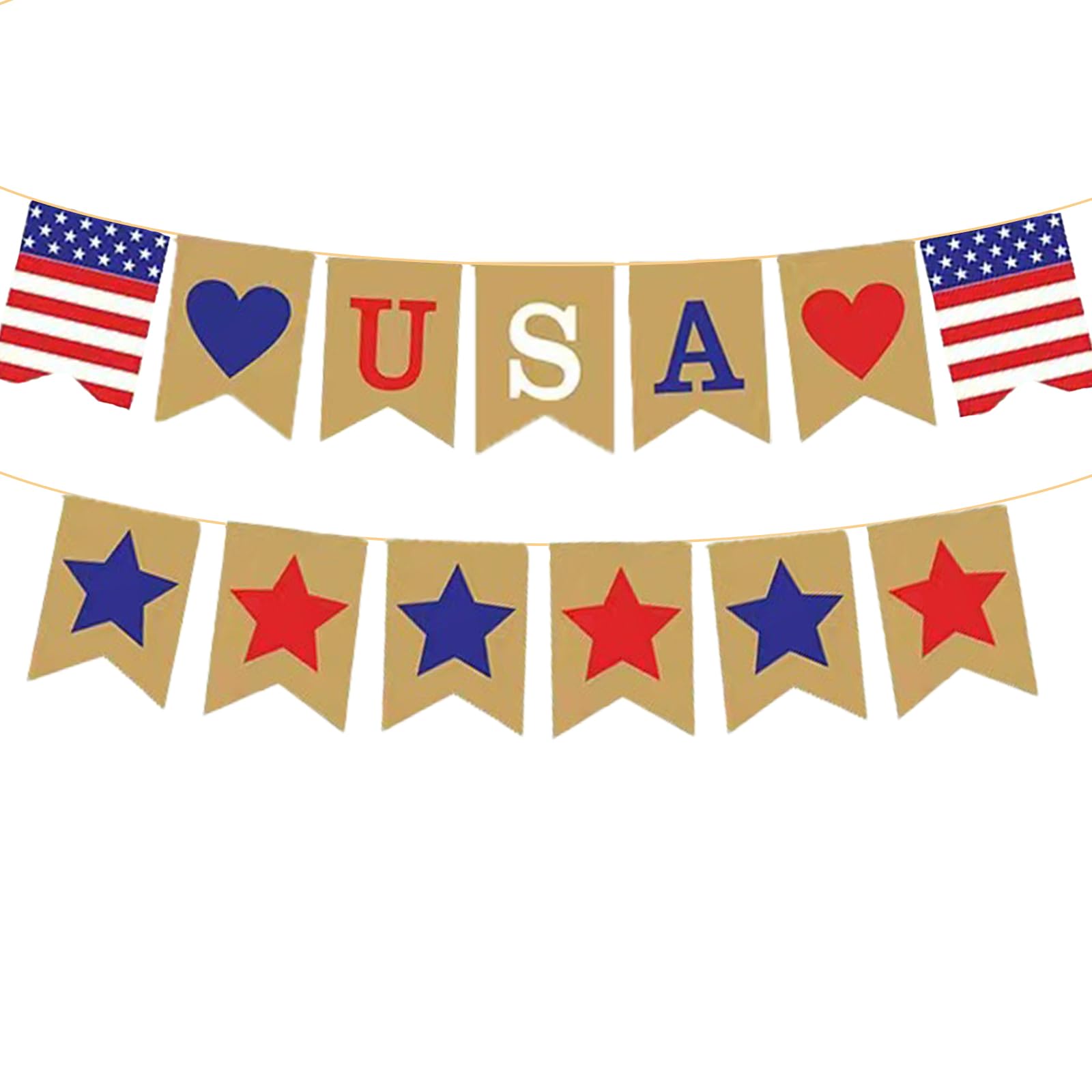 USA Patriotic Cardstock Banner Decorations, Rustic Pre-Strung Hanging Garland Sign for 4th of July, Memorial Day, Veterans Day, Independence Day, and