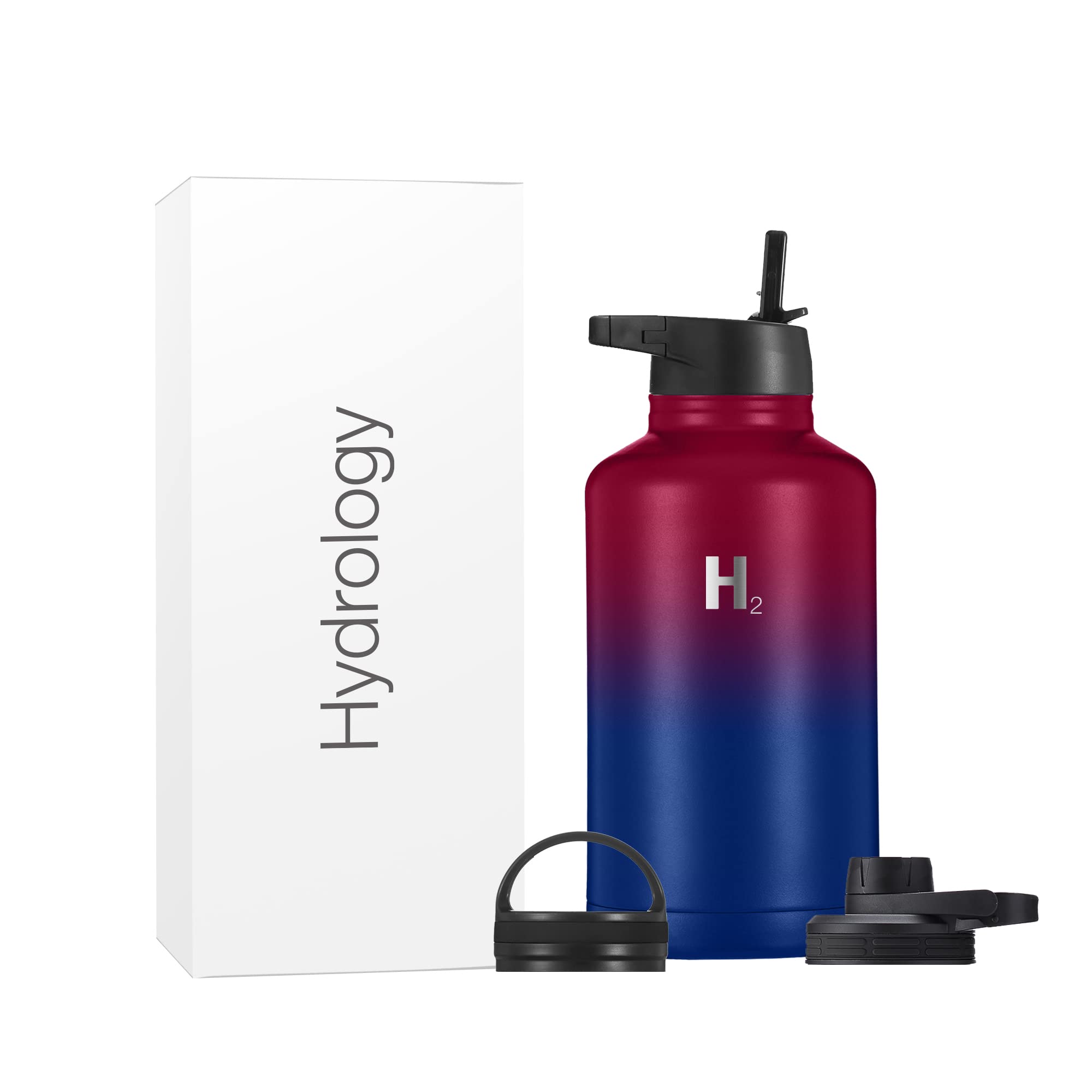 H2 Hydrology Sport Water Bottle 3 LIDS (Straw Lid & Spout Lid) | Double Wall Vacuum Insulated Stainless Steel Wide Mouth | Sports Hot & Cold Leak Proof Sweat Free Thermos (64 oz, Man of Steel)