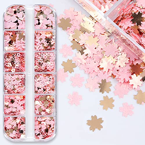 Dornail 12 Grids Gold Pink Flower Nail Glitter Sequins 3D Cherry Blossoms Butterfly Nail Sequin Flakes Rabbit Heart Nail Charm Nail Accessories For Diy Nail Decorations Nail Art Supplies #TOP4