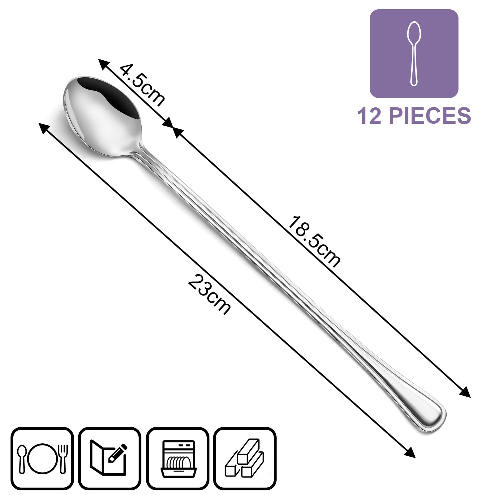 12 Stück Latte Macchiato Löffel Set, Gifcomda 23cm Langer Griff Eislöffel Set, Rührlöffel aus Edelstahl mit langem Stiel, Dessertlöffel für Zuhause Restaurant Partei, Ideal für Getränke