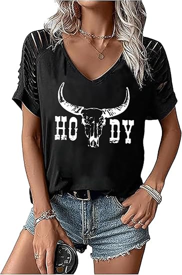 Western Cowboy T-Shirt Women Cut Out Cold Shoulder Tops Retro Country Concert Tee Short Sleeve V Neck Rodeo Shirt