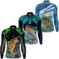 Kit 3 Camisa Pesca Masculina Camiseta Pescaria Blue Fish e River Manga Longa Protecao Solar UV50