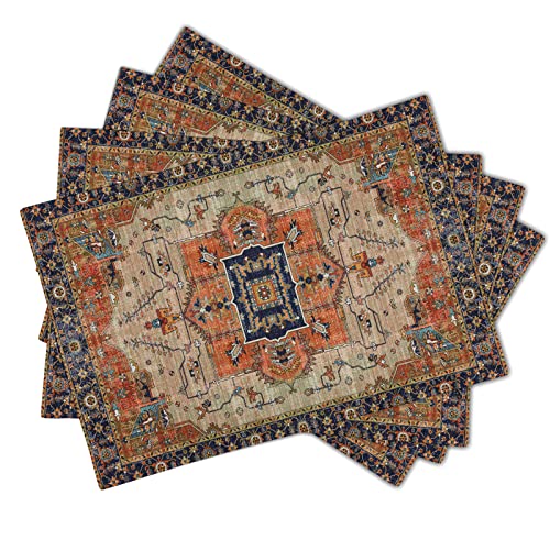 Image of Aztec Terracotta Boho Placemats Set of 4 Vintage Rust Retro Carpet Linen Washable Kitchen Dining Table Mats Stain Heat-Resistant Desktop Decor Place Mats for Home Party Indoor 12x18 in