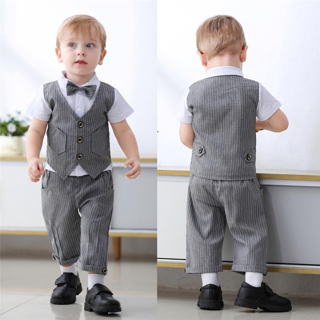 Dressy Daisy Baby Toddler Boy Summer Wedding Pinstripe Vest Suit Gentleman Formal Outfits with Bow Tie, Black/Gray