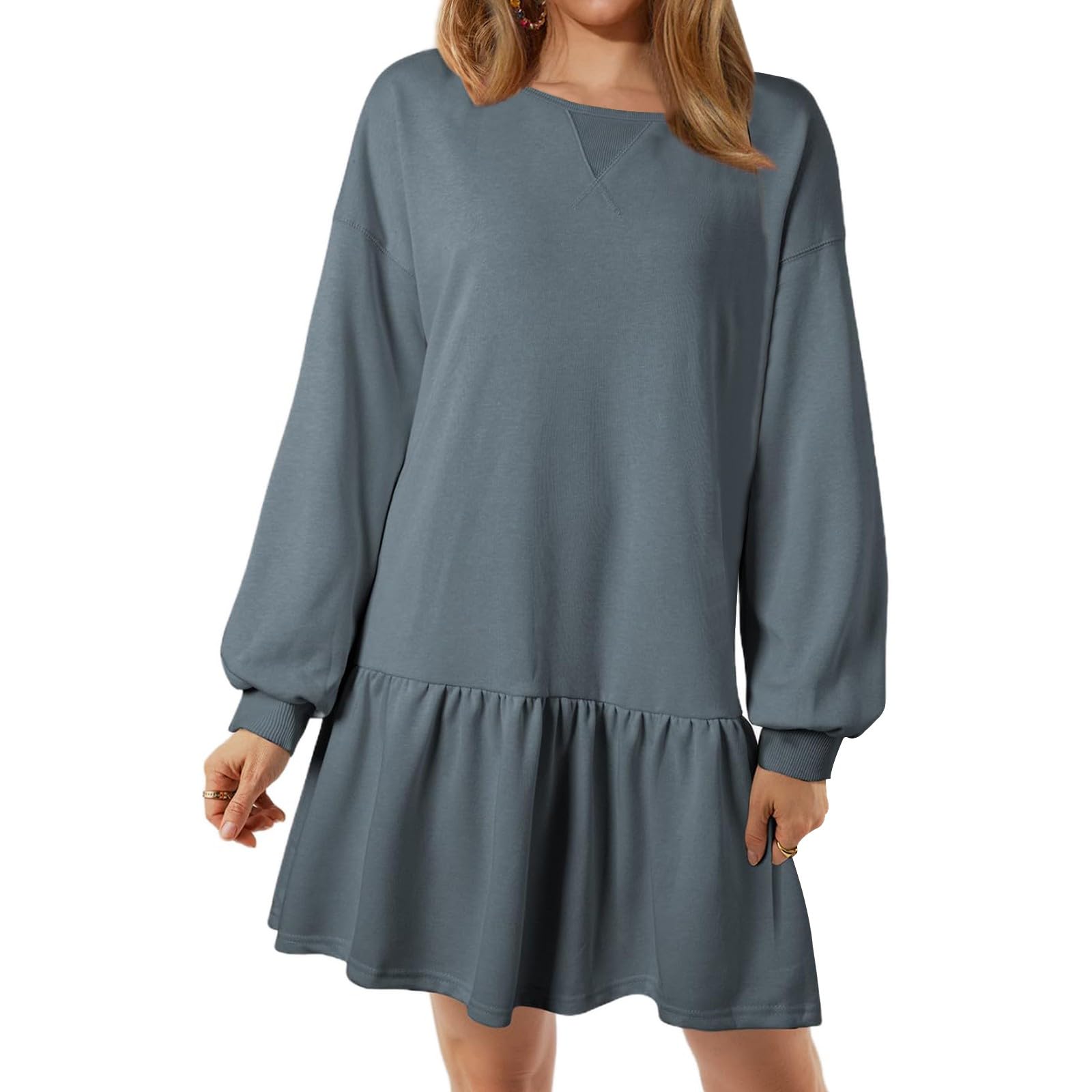 Wowcarbazole Womens Fall Long Sleeve Crewneck Oversized Sweatshirt Dress Casual Loose Fit Solid Color Cute Mini Dresses