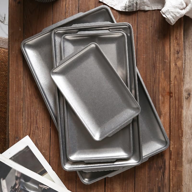 Bandejas Servir Comida Bandeja de Taza té Acero Inoxidable Metal Retro, postres café Rectangular, Bandeja Kebab for Barbacoa Mesa Cama(A)