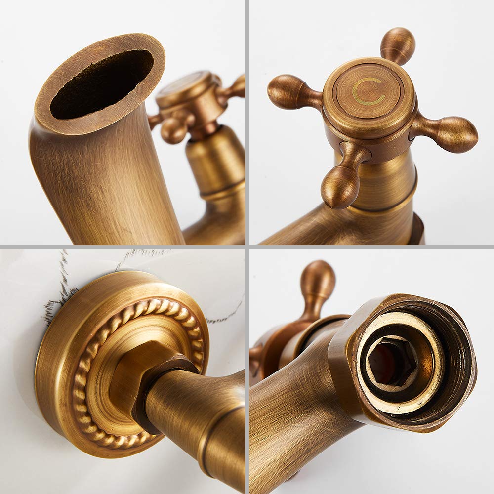 Rubinetto Bronzo a Muro Anticato Vintage Rotazione 180 ° Rubinetto per Cucina a Parete con Doppio Manopole in Ceramica Miscelatore