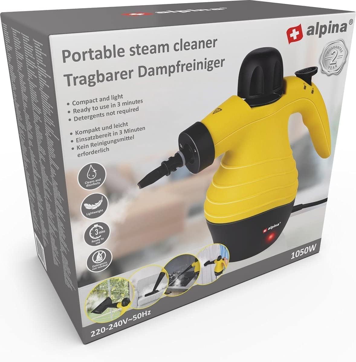 Alpina - Limpiador de vapor manual compacto y portátil - Elimina bacterias - Con 10 accesorios - 1050 W