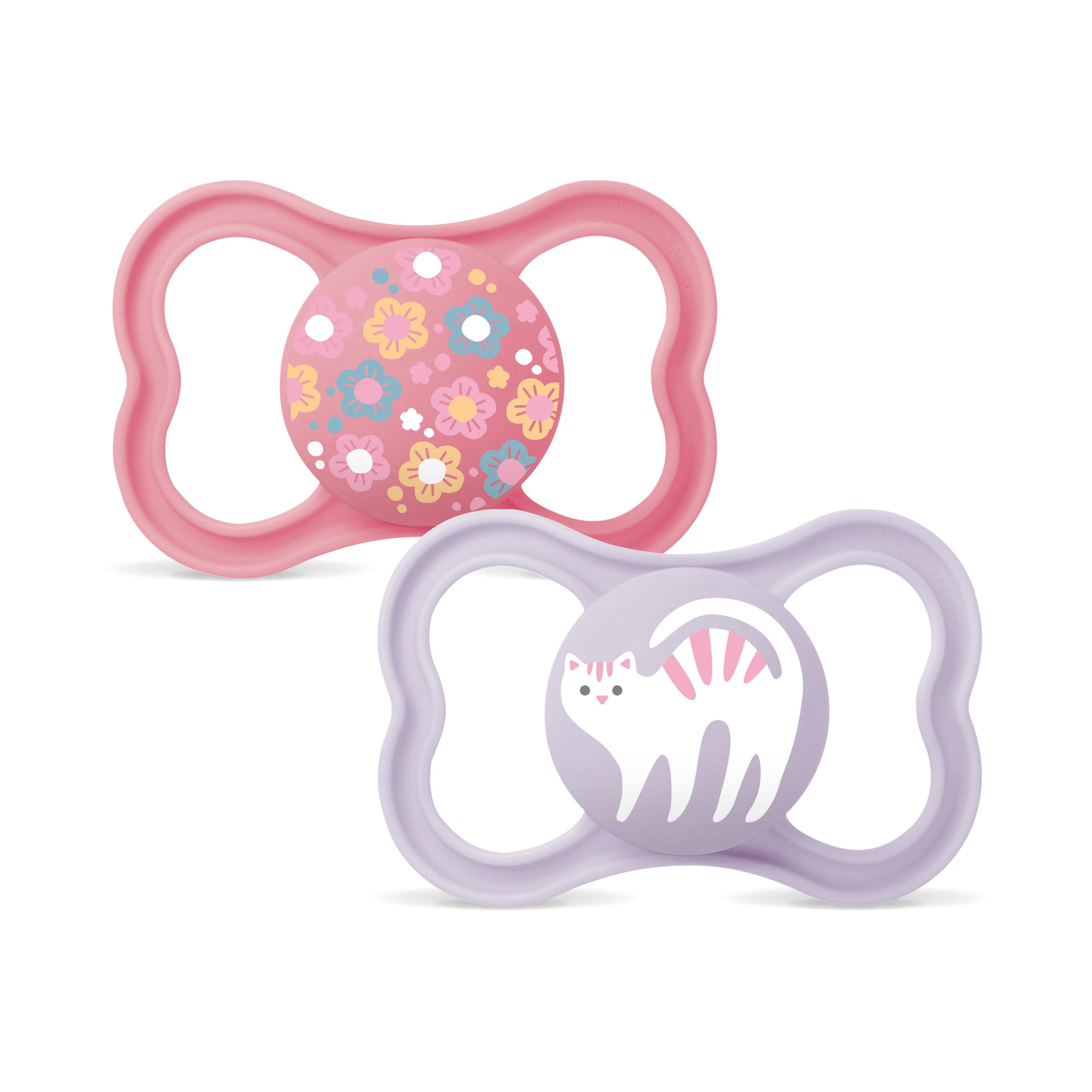 MAM Supreme Schnuller | 6-16 Monate | 94% Akzeptanz | Babyschnuller beugt Zahnfehlstellungen vor | besonders Hautfreundlich | SkinSoft Silikon | Blumen/Katze | 2 Stück