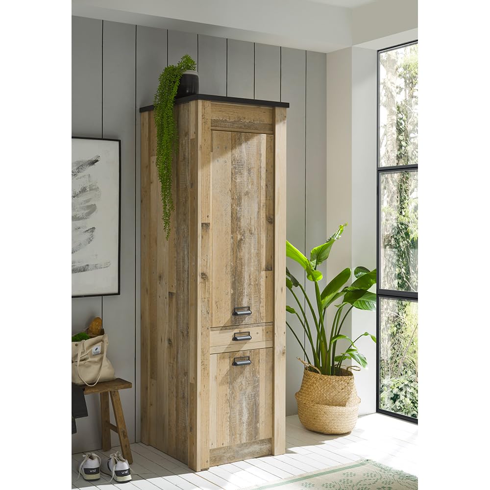 Lomadox Küchenmöbel Küchen Set, Old Style hell Nb. mit anthrazit, Spülschrank mit offenen Fächern, Stauraumschrank, 160cm Wandregal, Hängevitrine mit Softclose