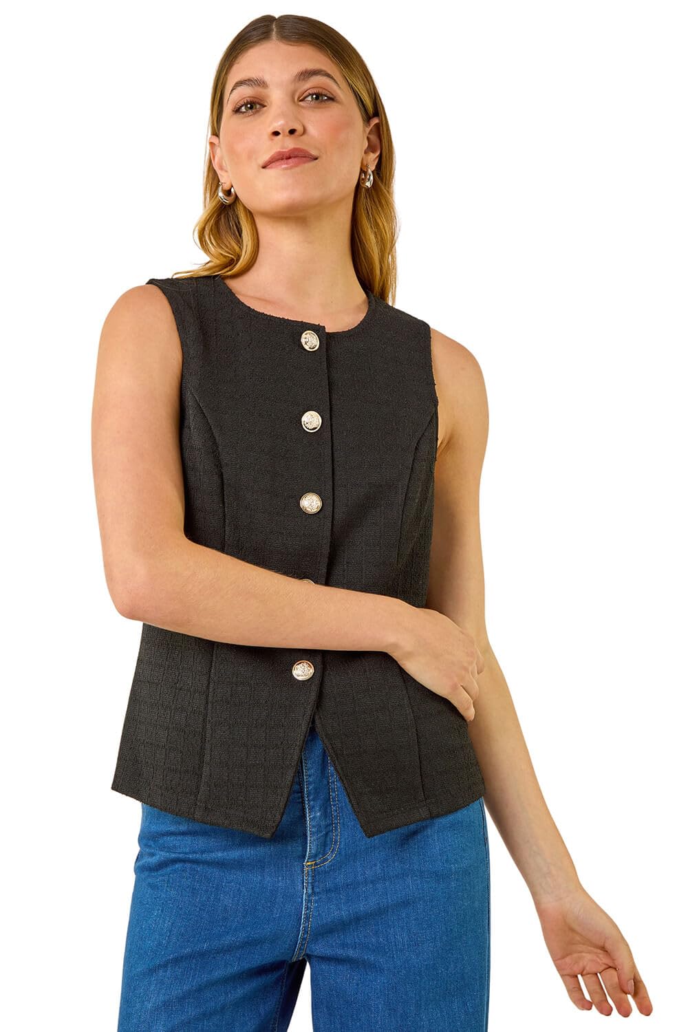 Roman Originals Women's Black Boucle Stretch Waistcoat For Uk - Everyday Autumn Winter Round Neckline Comfy Soft Evening Vacation Work Party Night Out - Size 18