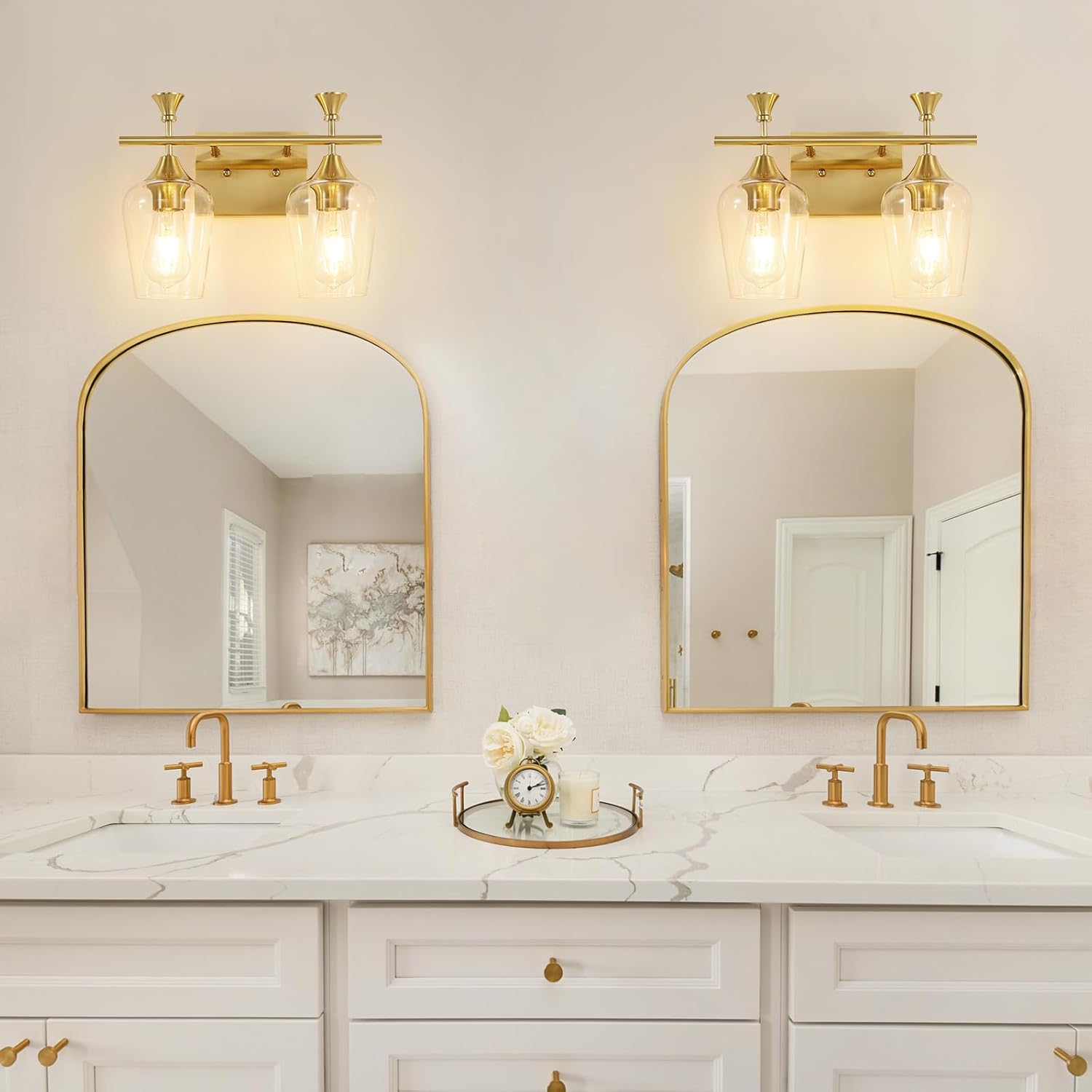 Bathroom Light Fixtures (2-Light, 14 Inch), Brushed Gold Vanity Lights for Bathroom with Clear Wine Glass Glass Shade, Modern Vanity Wall Lights for Mirror Bedroom Living Room Kitchen Hallway Porch