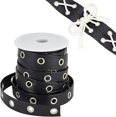 PH PandaHal - Cinta de ojal de piel sintética negra de 10 yardas con ojales, 0.748 in, cinta de ojal de piel sintética negra con agujero de metal