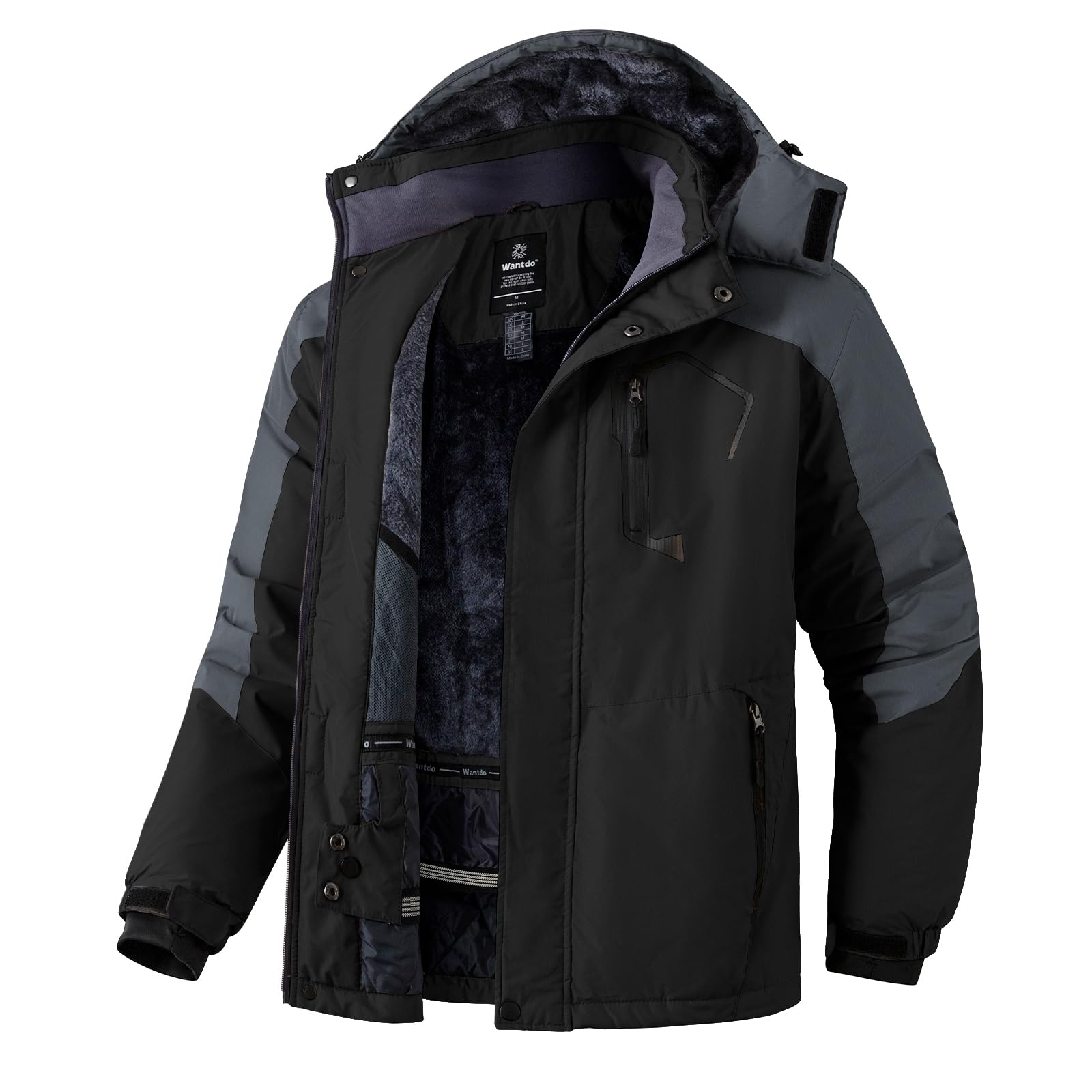 Wantdo Giacca da Sci Montagna Calda Invernale Parka da Neve Imbottita Cappotto da Snowboard in Pile Giubbotto con Cappuccio Impermeabile Uomo