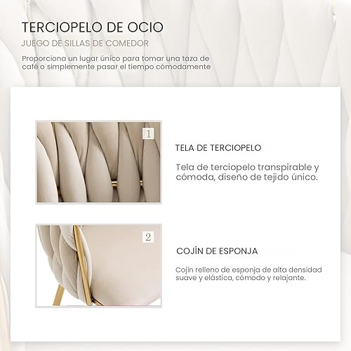 Miniatura 4 de Nrizc Juego de 4 sillas de comedor de terciopelo, sillas de comedor tapizadas tejidas con patas de metal dorado, sillas decorativas modernas para