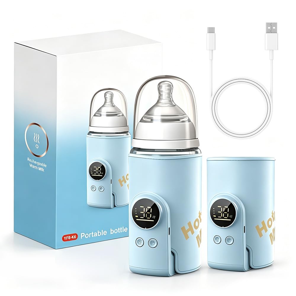 Chauffe Biberon Portable, Chauffe Biberon Nomade avec Écran LCD 6 Niveaux De Réglage Réchauffeur de Biberon 8000mAh Chauffe-biberons USB Sans Fil pour Maison, Extérieur, Voyage (Bleu)