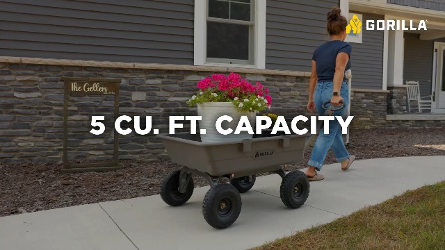 Image of Gorilla Carts Heavy-Duty Poly Dump Cart, 5 Cu Ft Tub, 800 lb Haul Capacity, Gray - Towable Utility Wagon with Quick-Release Dumping & Pneumatic Tires for Yard, Landscaping and Gardening