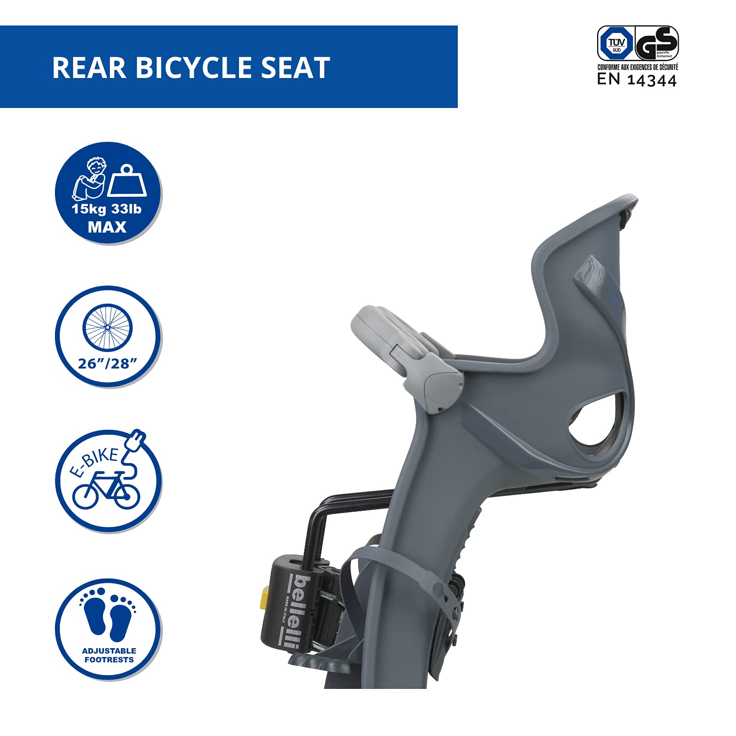 b bellelli Freccia - Seggiolino Bici Anteriore - Attacco B-Fix - Si Fissa al Telaio - dai 9 Mesi ai 3 Anni - Max 15 kg - Colore Dark Grey Versione Luxury
