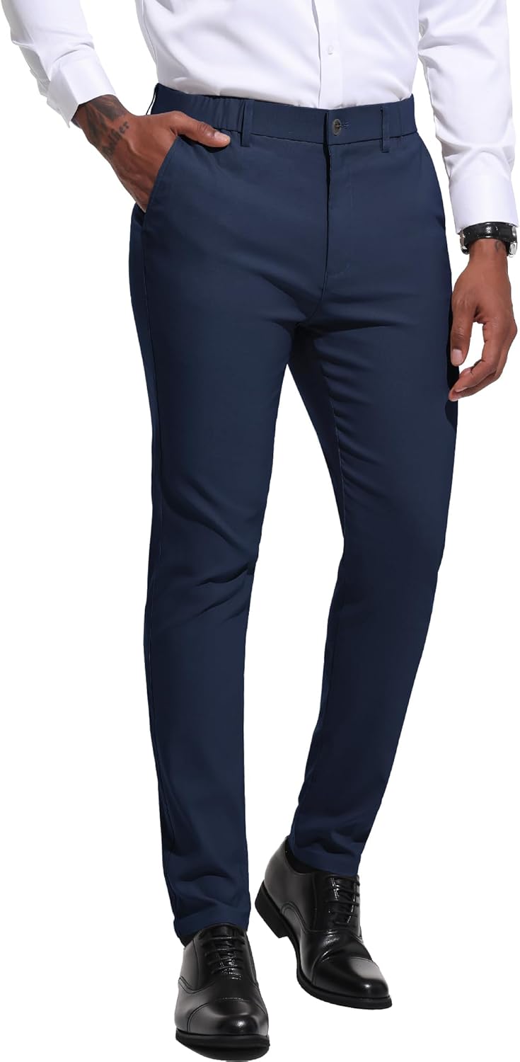 Men's Slim Fit Stretch Dress Pants Business Casual Skinny Tapered Chinos Trousers with Expandable Waist - Image 3