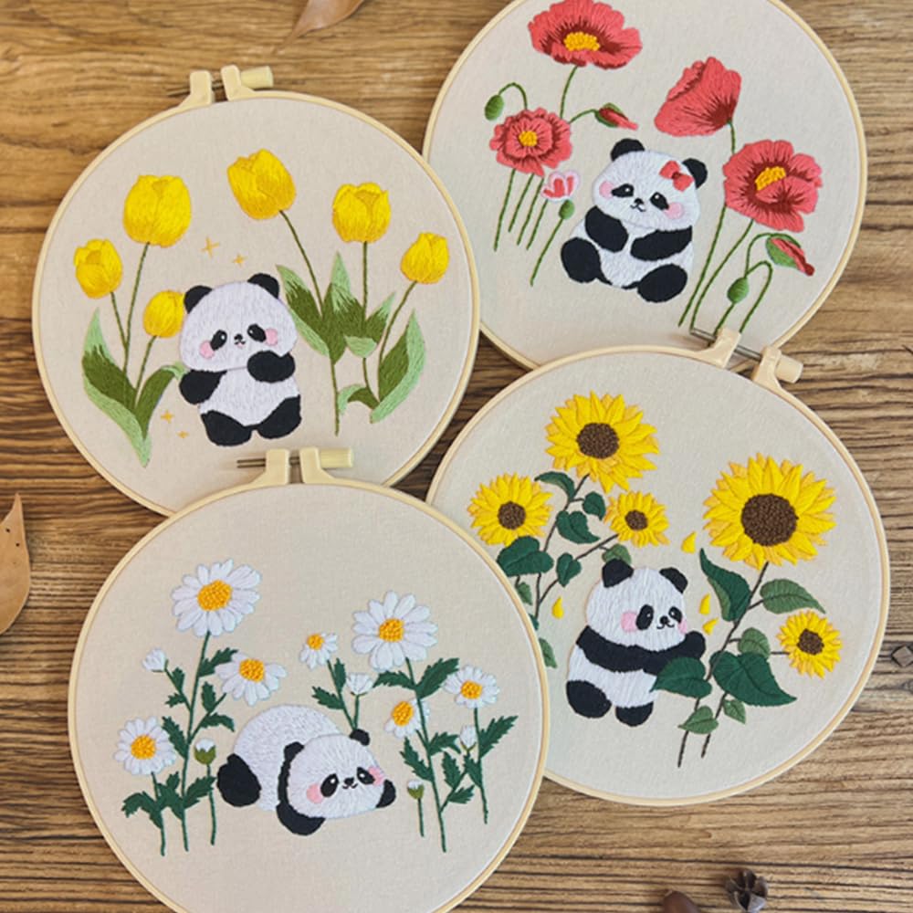 Huacan 4 Sets of Beginner Embroidery Kits, Embroidery Starter Kits, Including Cloth with Floral Patterns, Colored Threads - Image 3