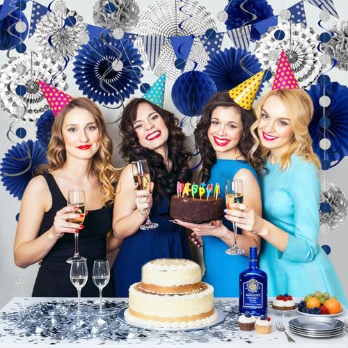 Image of 24 Pcs Blue Silver Party Decorations, Paper Fans Pom Poms Banner 8-16 in | Navy blue silver fans, pom poms, honeycomb balls, banner, spirals for graduation, birthday, retirement, wedding decor