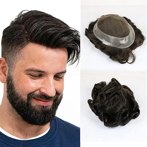 Miniatura 8 de SIMBEAUTY Peluca de encaje francés con base australiana con poliuretano alrededor de los hombres, estilo tupé, cómoda peluca de cabello humano