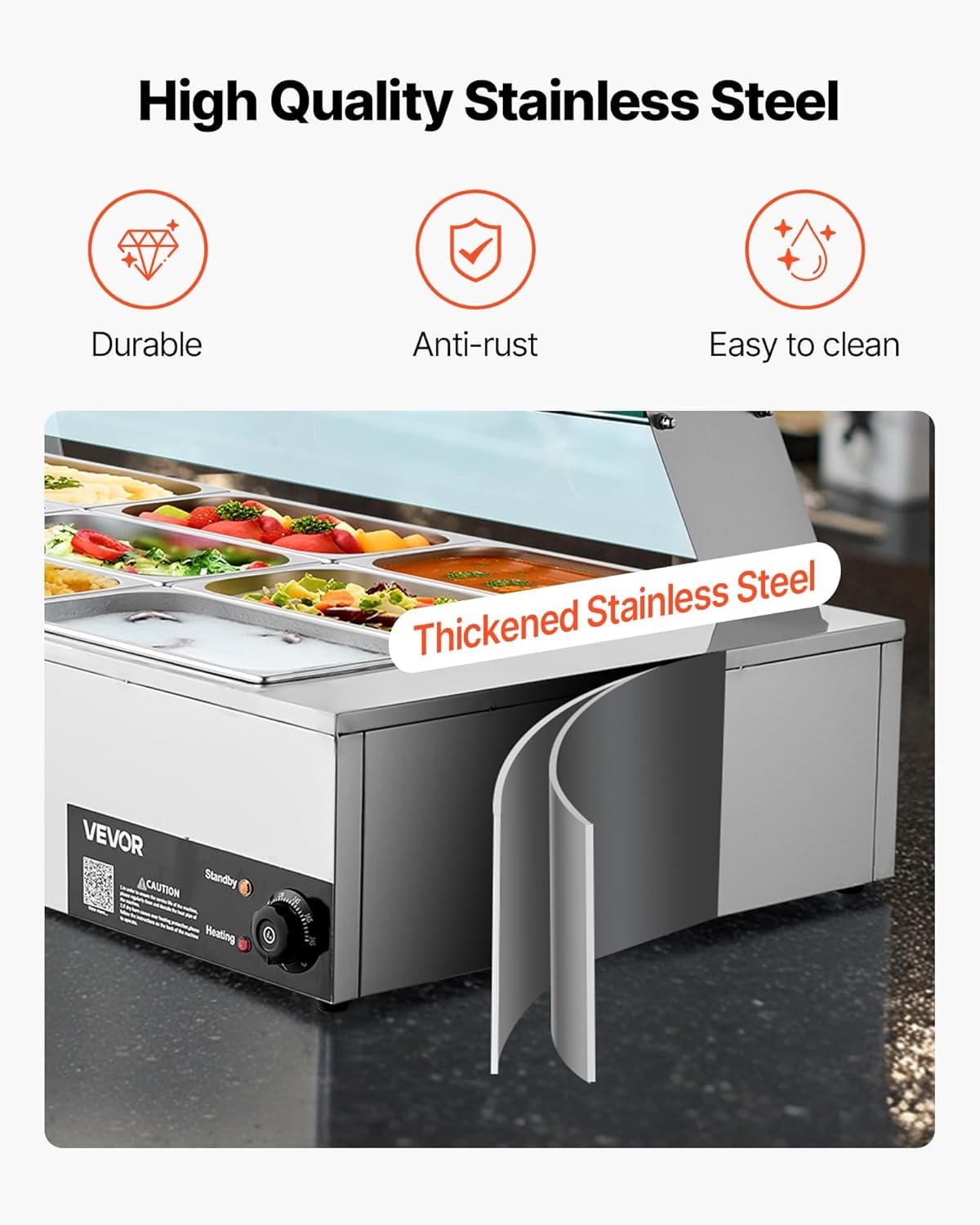 VEVOR Calentador de Alimentos 1700 W, Eléctrico, Acero Inoxidable, con Vapor y Tapa de Cristal, 12 Sartenes, para Buffet de Encimera, Baño María con Cucharones para Sopa y Perforados, 30–85 ℃