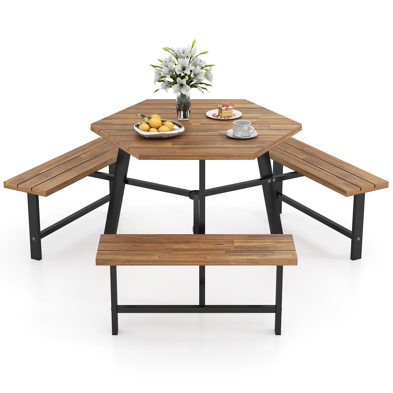 RELAX4LIFE Tavolo da Picnic per 6 Persone in Legno di Acacia con Panchine Incorporate, Set da Tavolo da Pranzo Esterno con Foro per Ombrellone e Struttura in Metallo per Patio, Giardino, Bordo Piscina